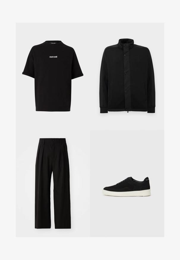 Fekete dzseki magas gallérral, patentgombokkal és kontrasztos szövetpanelekből. Két oldalsó zsebe és bordázott mandzsettái vannak, amelyek illeszkedő megjelenést kölcsönöznek.; Fekete, rövid ujjú póló, középen kis fehér "roberto cavalli" logóval, kerek nyakkivágással és felgöngyölített ujjvégekkel.; Fekete, széles lábú nadrág sima textúrával, két elülső redővel, gombos záródással és oldalsó zsebekkel. Tartós anyag.; Fekete velúr sportcipő fűzős dizájnnal és kontrasztos fehér gumitalppal. Jellemzői a textúrázott oldalpanelek és a diszkrét logó a sarokon.