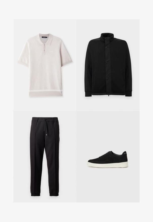 Casaco preto com gola alta, botões de pressão e painéis de tecido em contraste. Apresenta dois bolsos laterais e punhos canelados para um ajuste perfeito.; Polo cinza claro feito de tecido texturizado com colarinho, mangas curtas, três botões e um logótipo branco no peito.; Calças pretas com uma cinta na cintura, cordão ajustável e punhos elásticos. Apresenta pregas e um tecido liso e texturizado.; Sapatilhas de camurça pretas com design de atacadores e sola de borracha branca em contraste. Apresenta painéis laterais texturizados e uma marcação discreta no calcanhar.