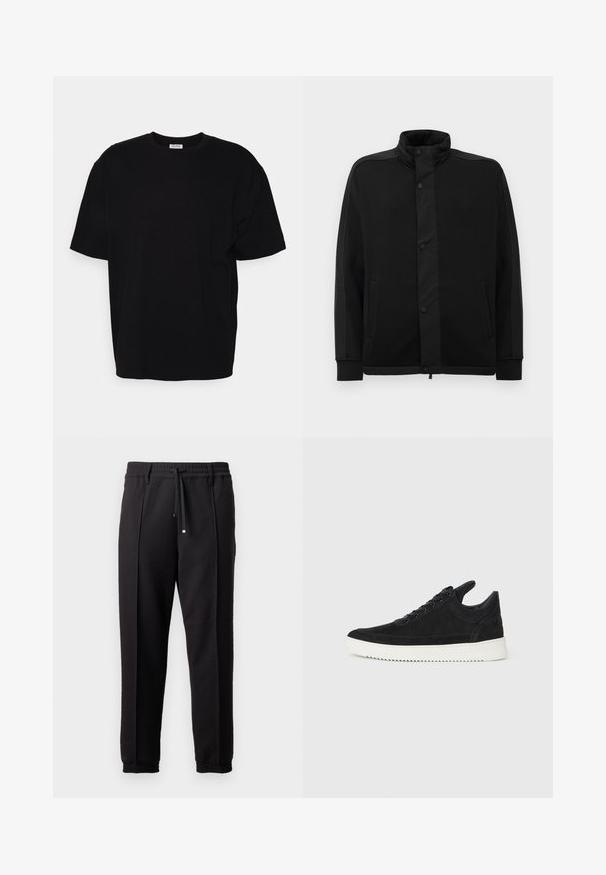 Mustarjakas kõrge kraega, nööbiga kinnitused ja kontrastsed kangakihid. Omab kahte küljetaskut ja soonikpääste, et saavutada sobiv välimus.; Must must särk lühikeste varrukatega, ümmargune kaelus, lõdva lõikega ja ilma nähtavate mustrite või detailideta. Sile tekstuur.; Mustad püksid, millel on vöökoht, nöörikinnitus ja elastsed varrukad. Omab volange ja sileda, tekstuuriga kangast.; Must mustel kingad valge kummist tallaga, millel on toon-toonis õmblused ja paeltega disain. Sile tekstuur ja moodne, voolujooneline kuju.