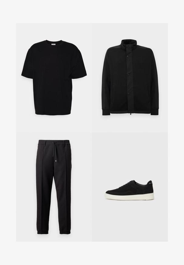 Black jacket with high collar, snap buttons, and contrasting fabric panels. Features two side pockets and ribbed cuffs for a fitted look.; Black cotton t-shirt with short sleeves, round neckline, relaxed fit, and no visible patterns or detailing. Smooth texture.; Black trousers with a waistband, drawstring, and elastic cuffs. Features pleats and a smooth, textured fabric.; Black suede sneaker with lace-up design and contrasting white rubber sole. Features textured side panels and subtle branding on the heel.