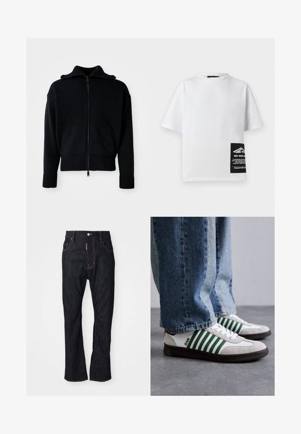 Crna zip-up dukserica s rebrastom teksturom, visokim ovratnikom i dva prednja džepa. Ima široke rebraste manšete i donji rub. Minimalistički dizajn.; Bijela pamučna majica s okruglim izrezom, kratkim rukavima i crnom etiketom koja sadrži logo i tekst u donjem desnom kutu.; Tamno plave ravne traperice s žutim šavovima, prednjim gumbom, patentnim zatvaračem i crvenom oznakom na rubu desnog džepa.; Bijele i zelene tenisice od antilopa i kože, s zelenim prugama, bijelim vezicama i gumenim potplatom. Uparen s plavim trapericama.