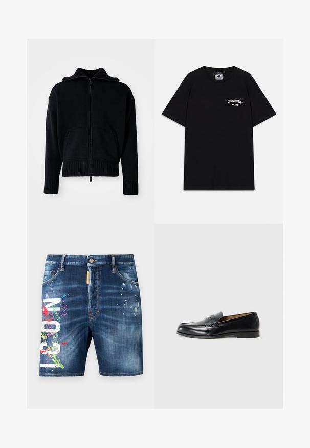 Musta vetoketjupaita, jossa on ribbejä pinta, korkea kaulus ja kaksi etutaskua. Laajat ribbed hihansuut ja helma. Minimalistinen muotoilu.; Mustapaita, jossa on lyhyet hihat, ja jossa on valkoinen "DSQUARED2 MILANO" -logo rinnassa. Kaula-aukko on pyöreä, ja kangas on sileä.; Tumman pesun farkkushortsit, joissa kulutettu rakenne, monivärisiä maalitahroja ja etuosassa rohkeat valkoiset graafiset kirjaimet.; Nahka loaferit mustana, jossa on sileä pinta, pyöreä kärki, koristeelliset tikkaus ja pieni metallikoriste edessä.