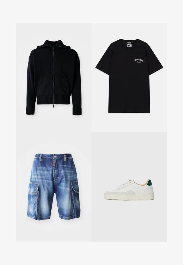 Schwarzer Reißverschluss-Pullover mit geripptem Muster, hohem Kragen und zwei Fronttaschen. Verfügt über breite gerippte Bündchen und Saum. Minimalistisches Design.; Schwarz Baumwoll-T-Shirt mit kurzen Ärmeln, mit weißem "DSQUARED2 MILANO" Logo auf der Brust. Rundhalsausschnitt, glatte Textur.; Denim-Cargo-Shorts mit lockerem Schnitt, hellblauer Waschung, zwei großen Seitentaschen und dezenten Distressed-Details, ausgestattet mit einem elastischen Bund.; Weiße Sneaker mit Wildlederelementen, runder Zehenpartie, flachen Schnürsenkeln und einer cremefarbenen Gummisohle. Mit grünen Markenlogo am Fersenbereich.