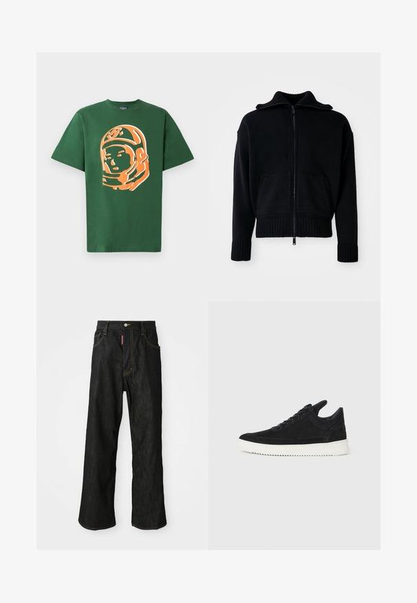Melnā jaka ar rāvējslēdzēju, ar ribotu tekstūru, augstu apkakli un divām priekšējām kabatām. Iezīmējas ar plašiem ribotiem aproces un apakšmalu. Minimalistisks dizains.; Zaļš kokvilnas t-krekls ar lielu oranžu astronauta grafiku uz priekšpuses, īsām piedurknēm un brīvu piegriezumu.; Melnas taisnas kājas džinsas ar dzeltenu šuvumu, piecu kabatu dizains, pogu aizdare un mazs sarkans birka priekšējā labajā kabatā.; Melna zamša apavi ar baltu gumijas zoli, ar tonālu izšuvumu un auklu dizainu. Gluda tekstūra ar mūsdienīgu, plūstošu formu.