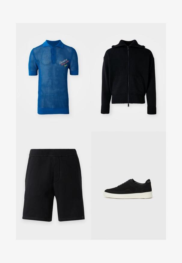 Zwarte zip-up sweater met een ribbelstructuur, hoge kraag en twee voorzakken. Voorzien van brede ribgebroken manchetten en onderrand. Minimalistisch ontwerp.; Blauwe gebreide polo met een meshontwerp, uitgerust met korte mouwen, een gestructureerde kraag en een kleurrijk geborduurd logo op de voorkant.; Zwarte sportshorts van zacht materiaal; voorzien van een elastische tailleband, twee zijzakken en contrasterende stiksels.; Zwarte suède sneakers met vetersluiting en contrasterende witte rubberen zool. Voorzien van textuurpanelen aan de zijkanten en subtiele branding op de hiel.
