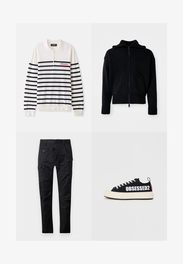 Fekete, cipzáros pulóver bordázott textúrával, magas gallérral és két elülső zsebbel. Széles bordázott mandzsettákkal és derékkal rendelkezik. Minimalista dizájn.; Fehér, hosszú ujjú póló fekete vízszintes csíkokkal, három gombbal és vörös "DSQUARED2" logóval a bal mellen. Puha kötött textúra.; Fekete cargo nadrág tartós anyagból, több zsebbel, gombos zipzárral és egyenes szárú kialakítással. Simas textura és matt felület.; Fekete vászon sportcipők fehér "OBSESSED2" felirattal, krém színű gumitalppal, lapos fűzőkkel és hátsó húzófüllel. Oldalnézetben bemutatva.