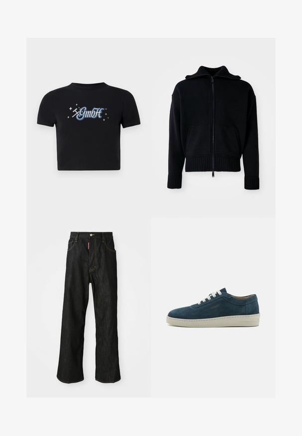 Sudadera negra con cremallera, de textura acanalada, cuello alto y dos bolsillos frontales. Presenta puños y dobladillo acanalados anchos. Diseño minimalista.; Camiseta corta negra de algodón con cuello redondo, que presenta un logo "GmbH" en azul y blanco rodeado de pequeñas estrellas impreso en la parte delantera.; Jeans negros de pierna recta con costuras amarillas, diseño de cinco bolsillos, cierre de botón y una pequeña etiqueta roja en el bolsillo derecho delantero.; Zapatillas de ante azul con puntera redondeada, cordones blancos y suela de goma. Presenta costuras sutiles y un acento de marca en el costado.