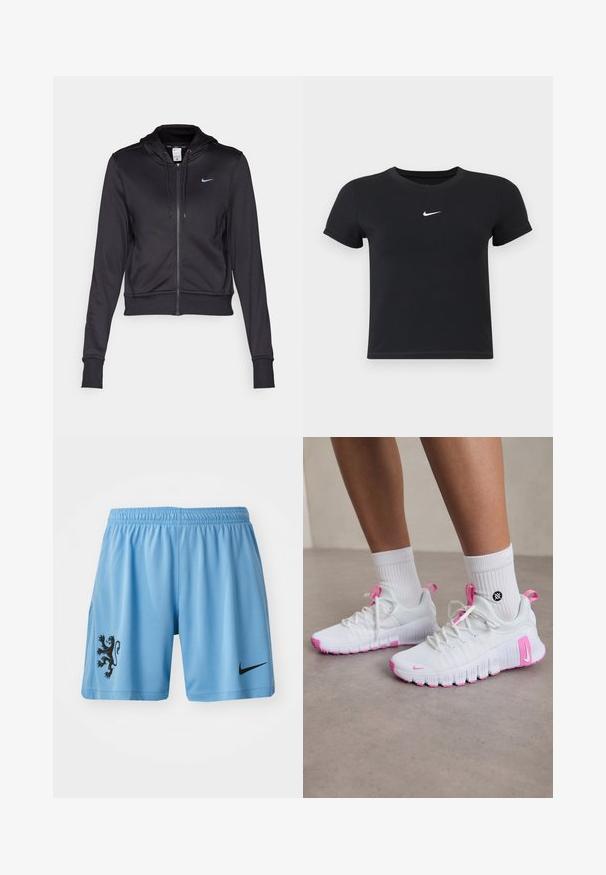 Black zip-up hoodie made of smooth fabric, featuring a drawstring hood and a small blue Nike logo on the chest. Cropped design with ribbed cuffs.; Black short-sleeve t-shirt made of cotton with a round neckline. Features a white Nike logo on the chest, minimalistic design, and fitted shape.; Light blue sports shorts made of breathable fabric, featuring a black lion emblem on the left leg and a black Nike logo on the right.; White athletic shoes with pink accents, streamlined design, textured mesh upper, and a flexible rubber sole. Features logo and pull tab.