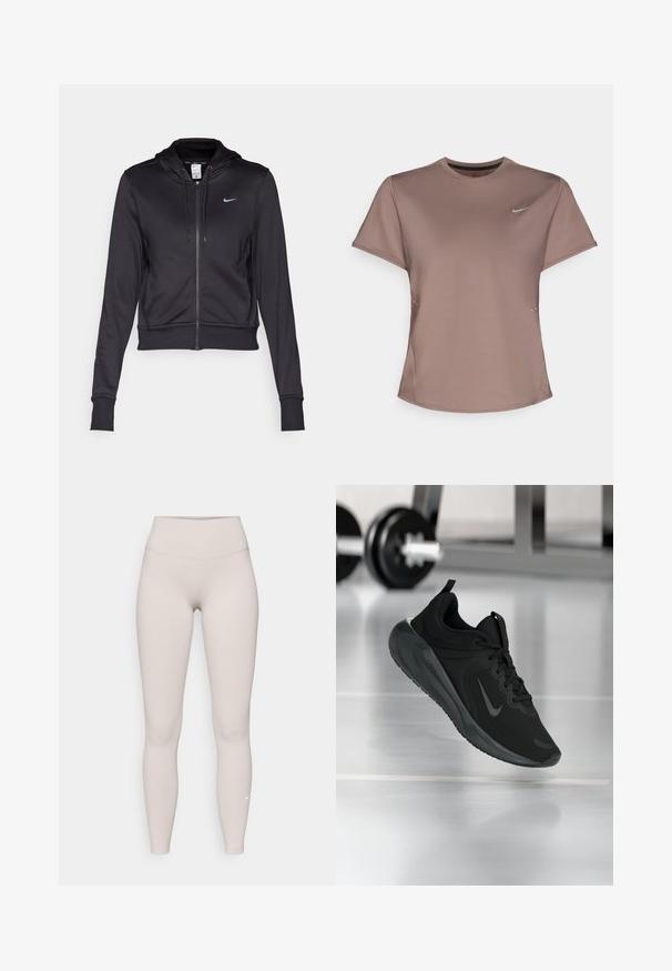 Must musta kapuutsiga must zipp-up jaki, mis on valmistatud siledast kangast, millel on nööriga kapuuts ja väike sinine Nike logo rinnal. Lühendatud disain ribikantide jaotustega.; Pruun sportlik t-särk ümarate kaeluste, lühikeste varrukate ja peente külgslittidega. Rinnal on väike peegelduv Nike logo.; Beezid kõrge vöökohtadega legginsid, mis on valmistatud pehmest ja venivast kangast, millel on sile tekstuur ning väike valge logo pahkluu lähedal.; Mustad mustang spordijalatsid Nike logo'ga, õhus spordisaali põrandal, häguste hantlite riiulitega taustal.