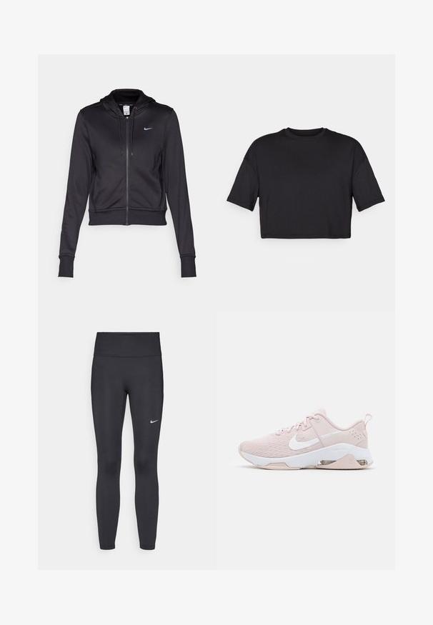 Crna zip-up dukserica od glatkog materijala, s kapuljačom na uže i malim plavim Nike logotipom na prsima. Skriveni dizajn s rebrastim manžetama.; Crna skraćena majica od mekog materijala, s okruglim izrezom i kratkim, širokim rukavima, s jednostavnim, bezšavnim dizajnom.; Crne tajice izrađene od rastezljivog materijala, s visokim strukom i bijelim Nike logotipom na lijevom bedru. Glatka tekstura, dizajn koji prati obline.; Svijetlo ružičaste atletske tenisice s mrežastim gornjim dijelom, bijelim detaljima, udobnim potplatom i vidljivom zračnom jedinicom na peti.