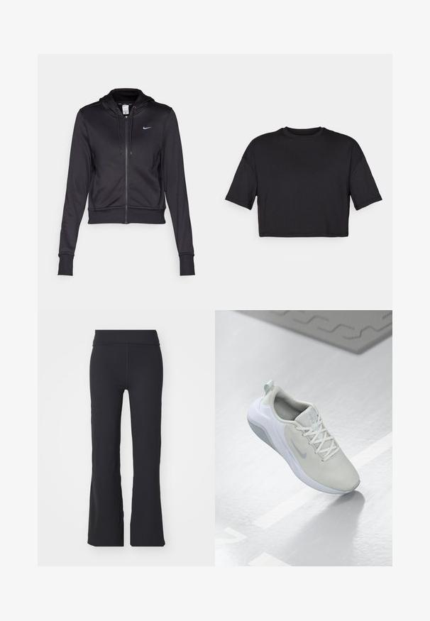 Must musta kapuutsiga must zipp-up jaki, mis on valmistatud siledast kangast, millel on nööriga kapuuts ja väike sinine Nike logo rinnal. Lühendatud disain ribikantide jaotustega.; Must must blouse pehmeast kangast, ümarate kaelustega ja lühikeste, laiemate varrukatega, millel on lihtne, õmblusteta disain.; Mustad laia säärega mustad püksid, mis on valmistatud venivast kangast ja neil on kõrge vöökoht. Omavad puhtaid jooni ja siledat tekstuuri, sobivad igapäevaseks kandmiseks.; Heledad hallitus halliksest moodsast hallist meespordijalatsist, millel on võrkmaterjalist pealis, ringikujuline muster, valged detailid, lame later, ja tekstureeritud tald haardeks.
