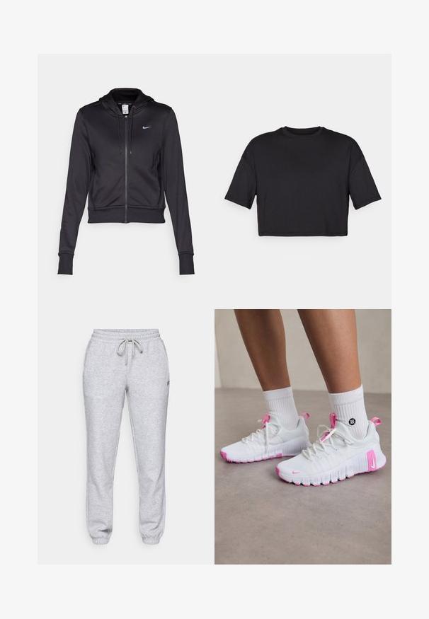Sort zip-op hoodie lavet af glat stof, med en hætte med snoretræk og et lille blåt Nike-logo på brystet. Croppet design med ribbede manchetter.; Sort cropped t-shirt lavet af blødt stof, med en rund halsudskæring og korte, brede ærmer, med et enkelt, sømløst design.; Lysegrå sweatpants med elastisk talje og snor, afsluttede ankler og et lille logo på venstre lår. Fremstillet af blødt stof.; Hvide sportsko med pink accenter, strømlinet design, tekstureret mesh-overdel og en fleksibel gummisål. Udstyret med logo og træktab.