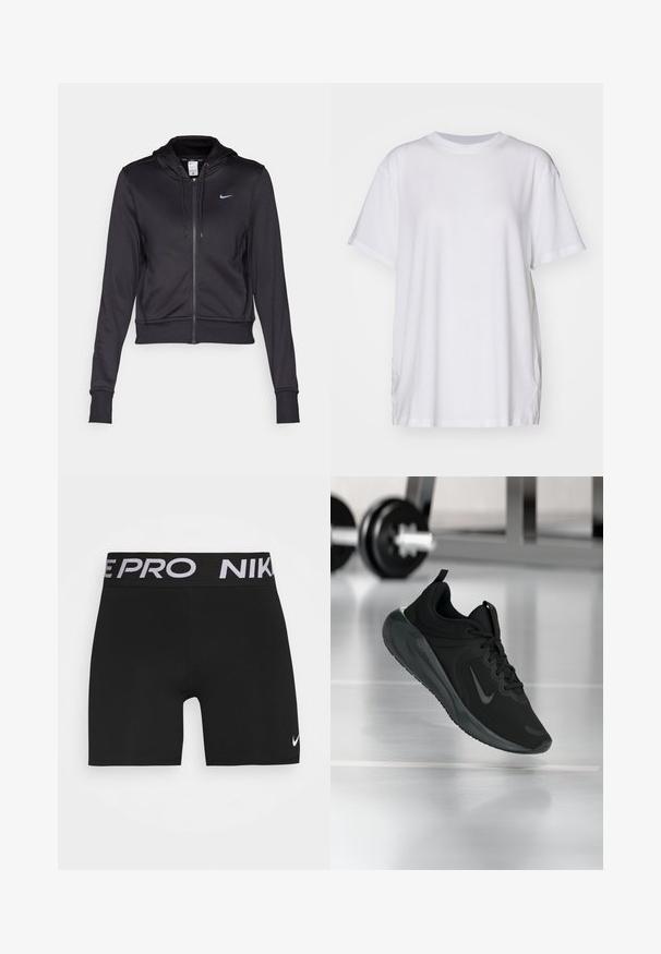 Black zip-up hoodie made of smooth fabric, featuring a drawstring hood and a small blue Nike logo on the chest. Cropped design with ribbed cuffs.; White oversized t-shirt made of cotton, featuring a crew neckline, short sleeves, and side slits for a relaxed fit. Smooth texture.; Black athletic shorts with a wide black waistband featuring "NIKE PRO" in white lettering. Includes a small white Nike Swoosh logo on the leg.; Black sports sneaker with Nike logo, shown mid-air on gym floor, with blurred dumbbell rack in background.