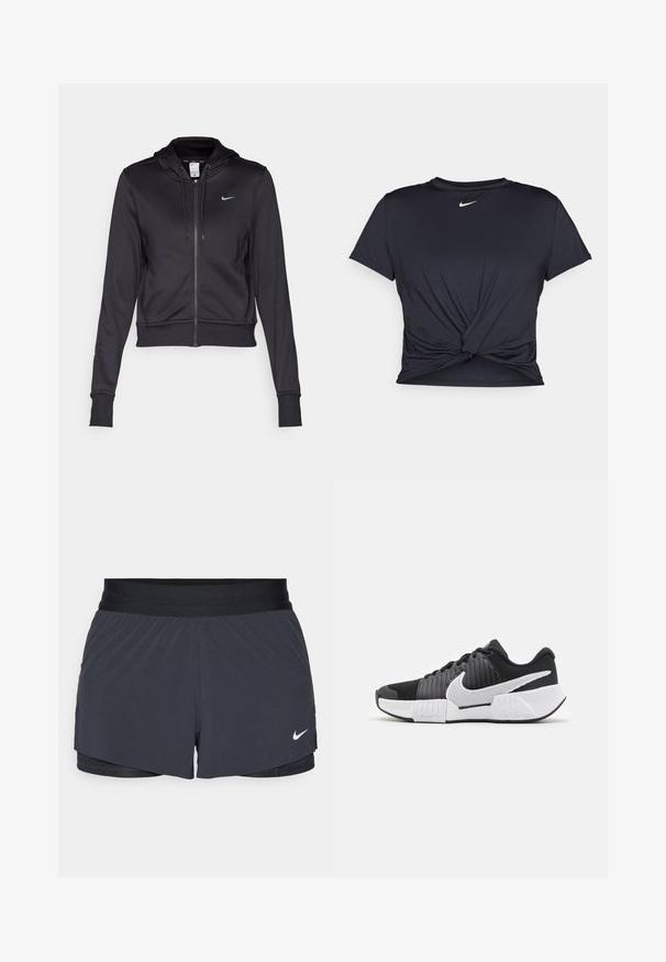 Must musta kapuutsiga must zipp-up jaki, mis on valmistatud siledast kangast, millel on nööriga kapuuts ja väike sinine Nike logo rinnal. Lühendatud disain ribikantide jaotustega.; Mustmust musta sportlik T-särk, mis on valmistatud sujuvast kangast, millel on sõlmega esikülg ja väike valge Nike logo rinnal.; Mustad must sportlikud lühikesed püksid, millel on elastne vöökoht, kihiline disain ja väike valge Nike logo vasakul all. Kerge materjal.; Mustvalged mustvalged spordijalatsid struktuurse pealsega, silmapaistev Nike’i logo ja kontrastne talladisain paremaks haardeks ja stabiilsuseks.