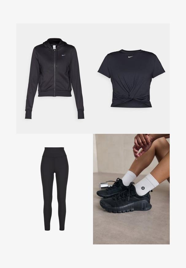 Black zip-up hoodie made of smooth fabric, featuring a drawstring hood and a small blue Nike logo on the chest. Cropped design with ribbed cuffs.; Black athletic t-shirt made of smooth fabric, featuring a knotted front design and a small white Nike logo on the chest.; High-waisted black leggings made of stretchy material, featuring a smooth texture and a form-fitting design without visible seams or patterns.; Black athletic shoes with textured fabric, laced design, and a prominent sole, paired with white ribbed socks featuring a small logo.