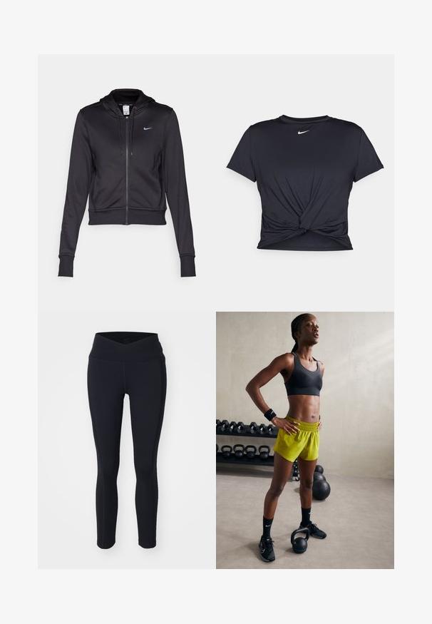 Zwarte zip-up hoodie van gladde stof, met een capuchon met trekkoord en een klein blauw Nike-logo op de borst. Korte ontwerp met rib gebreide mouwen.; Zwarte sportieve T-shirt van gladde stof, met een geknoopt ontwerp aan de voorkant en een klein wit Nike-logo op de borst.; Zwarte legging met een hoge, kruislings gesneden tailleband. Gemaakt van rekbare stof met subtiele stikseldetails. Strak aansluitend ontwerp.; Zwarte sportbeha, felgele shorts met een elastische tailleband, zwarte sportschoenen en polsbanden, staande naast kettlebells.