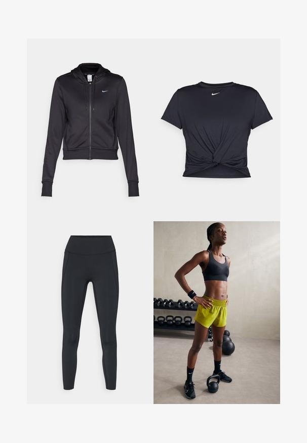 Crna zip-up dukserica od glatkog materijala, s kapuljačom na uže i malim plavim Nike logotipom na prsima. Skriveni dizajn s rebrastim manžetama.; Crni trenirac s kratkim rukavima izrađen od glatkog materijala, s čvorastim dizajnom sprijeda i malim bijelim Nike logotipom na prsima.; Visoke crne tajice izrađene od rastezljivog materijala, s ojačanim šavovima i glatkom teksturom. Dizajn ne sadrži vidljive logotipe ili uzorke.; Crna sportska majica, svijetlo žute šorts hlače s elastičnom trakom, crne atletske tenisice i zavežljaji na zapešćima, stoji pored kettlebell-a.