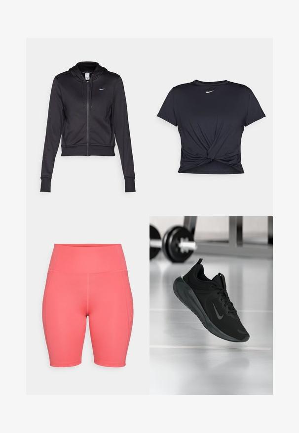Fekete zipzáras kapucnis pulcsi sima anyagból, állítható kapucnival és egy kis kék Nike logóval a mellen. Rövidített fazon ribbelt mandzsettákkal.; Fekete sportpóló sima anyagból, elöl megkötős dizájnnal, a mellkason egy kis fehér Nike logóval.; Rugalmas anyagból készült, magas derekú korall színű kerékpáros nadrág, sima textúrával, oldalsó varratokkal és térdhosszúságú fazonnal.; Fekete sportcipő Nike logóval, amely a levegőben látható az edzőterem padlóján, a háttérben elmosódott kézi súlyzó állvánnyal.