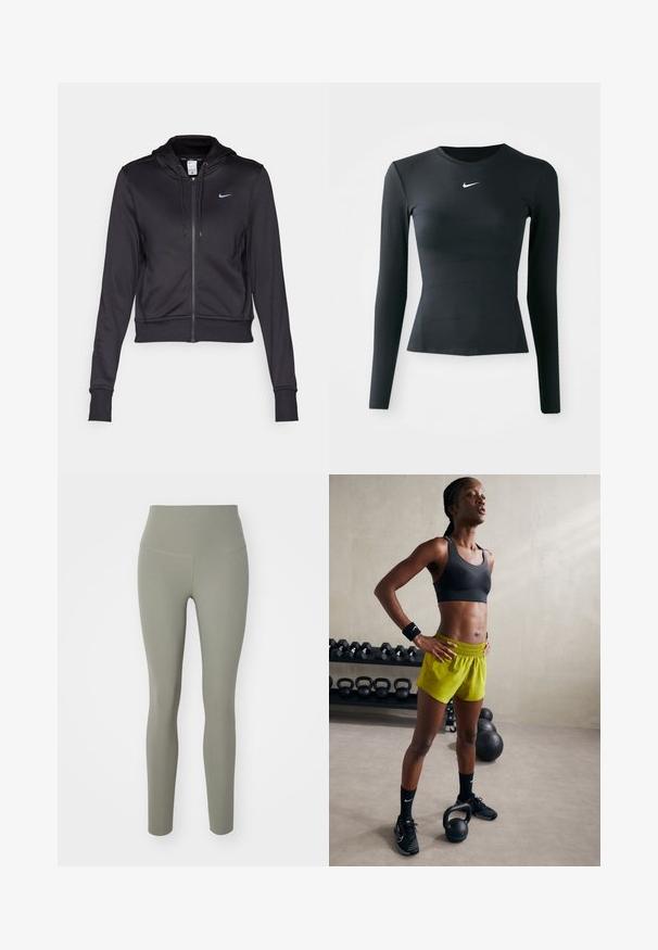 Sudadera negra con cremallera hecha de tejido suave, con capucha ajustable y un pequeño logo de Nike en azul en el pecho. Diseño cropped con puños acanalados.; Top ajustado negro de manga larga hecho de una tela suave y elástica. Cuenta con un cuello redondo y un pequeño logo blanco de Nike en el pecho.; Nike Performance ZENVY HR 7/8 - Leggings - light army; Sujetador deportivo negro, pantalones cortos amarillos brillantes con cinturilla elástica, zapatillas de deporte negras y muñequeras, de pie junto a kettlebells.