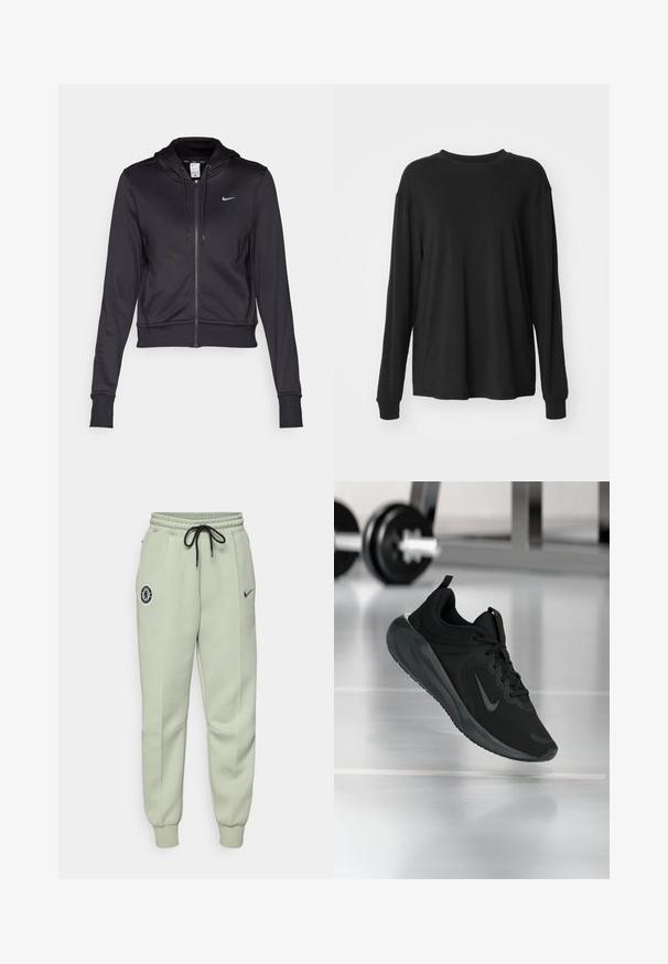 Svart zip-up hoodie av smidigt tyg, med dragkedja och en liten blå Nike-logga på bröstet. Kort design med ribbade ärmslut.; Svart långärmad t-shirt med rund halsringning, sänkt axelsöm och en mjuk, slät textur. Enkelt design utan synliga mönster eller detaljer.; Ljusgröna Nike-svetter med elastisk midja, dragsko, sidofickor och en Chelsea FC-logga på vänster lår.; Svarta sportskor med Nike-logotyp, visade mitt i luften på gymgolvet, med en suddig hantelställning i bakgrunden.