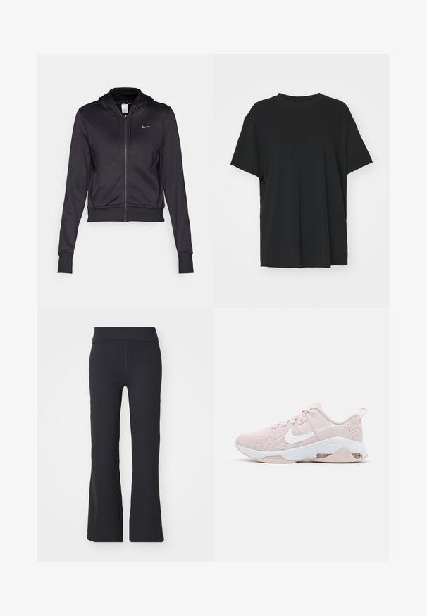 Black zip-up hoodie made of smooth fabric, featuring a drawstring hood and a small blue Nike logo on the chest. Cropped design with ribbed cuffs.; Black short-sleeve t-shirt made of smooth fabric, with a crew neck and loose fit. Features side slits for added comfort and breathability.; Black flared pants made of stretchy fabric with a high waistband. Features clean lines and a smooth texture, suitable for casual wear.; Light pink athletic shoes with mesh upper, white accents, a cushioned sole, and visible air unit detail at the heel.