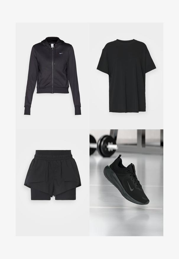 Juodas zip-up džemperis, pagamintas iš lygaus audinio, su reguliuojama gobtuvu ir mažuoju mėlynu Nike logotipu krūtinėje. Trumpas modelis su įsiūtomis rankovėmis.; Juodas trumpas rankovėmis marškinėliai, pagaminti iš lygaus audinio, su apvaliu iškirpimu ir laisvu siluetu. Įrengti šoninių skeltukų patogumui ir oro pralaidumui.; Juodos sportinės šortai su elastinga juosmeniu, sluoksniuota konstrukcija ir dviem šoninėmis kišenėmis; vidinės šortai yra prigludę su lygiu audiniu.; Juodas sportinis sportbačiai su Nike logotipu, pavaizduoti ore virš sporto salės grindų, fone išblurinta hantelių laikiklis.