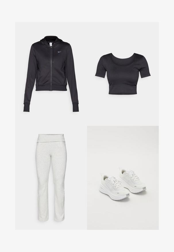 Sort zip-op hoodie lavet af glat stof, med en hætte med snoretræk og et lille blåt Nike-logo på brystet. Croppet design med ribbede manchetter.; Sort ribbet cropped top med korte ærmer, bred rund halsudskæring og en tætsiddende kant i bunden. Blød tekstur, afslappet design.; ONLY Play ONPFOLD LIFE JAZZ - Træningsbukser - light grey; Hvide sportssko med en struktureret mesh-overdel, polstret sål og subtile grå accenter. Inkluderer branding og en løkke i hælen for nem påtagning.
