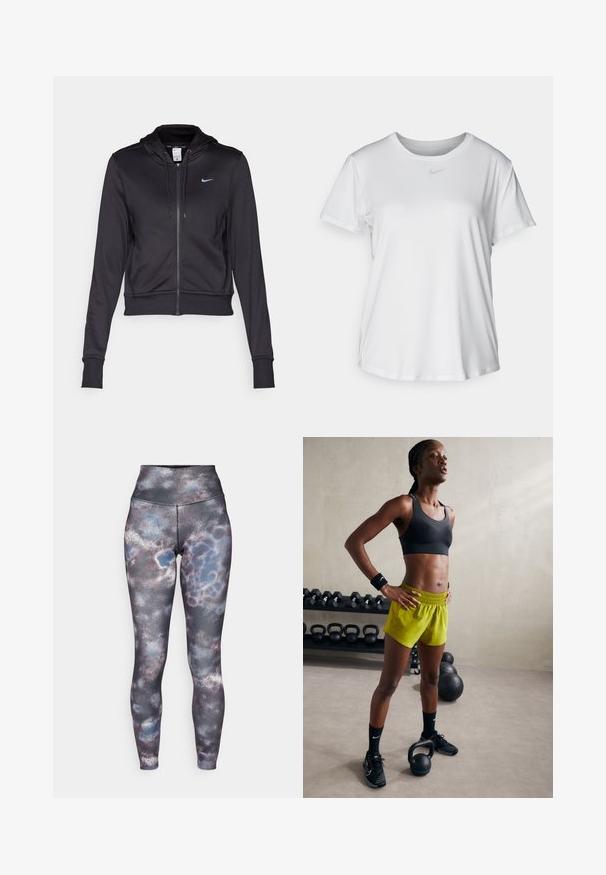 Felpa nera con zip realizzata in tessuto liscio, dotata di cappuccio con cordoncino e piccolo logo blu Nike sul petto. Design cropped con polsini a coste.; T-shirt bianco a maniche corte realizzato in tessuto liscio, con scollatura tonda e un piccolo logo grigio Nike sul petto.; Leggings a vita alta con un motivo multicolore grigio, blu e bianco. Realizzati in un tessuto elasticizzato, con finitura testurizzata e cuciture piatte.; Reggiseno sportivo nero, pantaloni corti giallo brillante con vita elastica, scarpe da ginnastica nere e polsini, in piedi accanto a kettlebell.