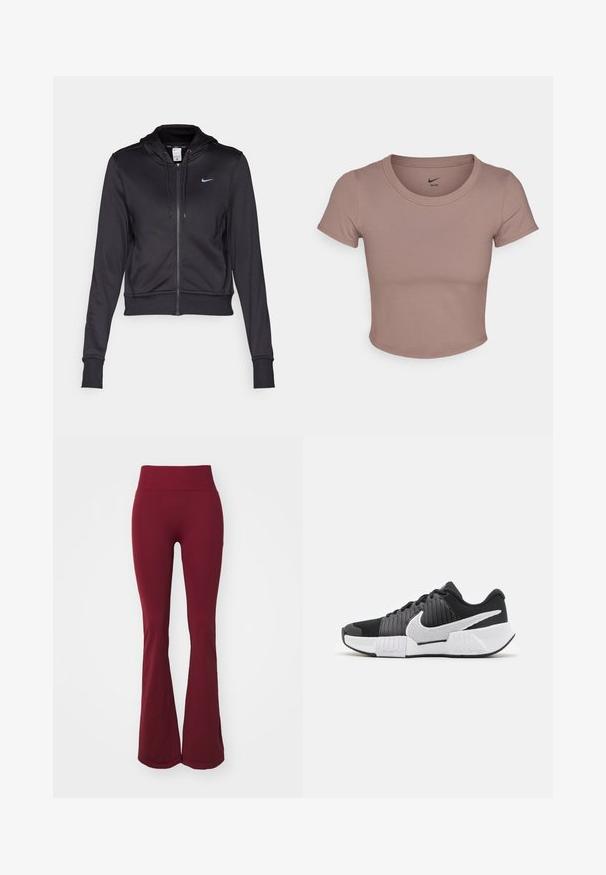 Czarna bluza z kapturem na zamek, wykonana z gładkiego materiału, z kapturem ze sznurkiem i małym niebieskim logo Nike na klatce piersiowej. Skrócony krój z ściągaczami przy rękawach.; Brązowy skrócony t-shirt wykonany z gładkiego materiału, z okrągłym dekoltem i krótkimi rękawami. Logo Nike nadrukowane wewnątrz kołnierza.; ICANIWILL FLARED bordowy; Czarno-białe buty sportowe z teksturowaną cholewką, wyraźnym znakiem Nike oraz kontrastującą podeszwą zaprojektowaną dla lepszej przyczepności i stabilności.