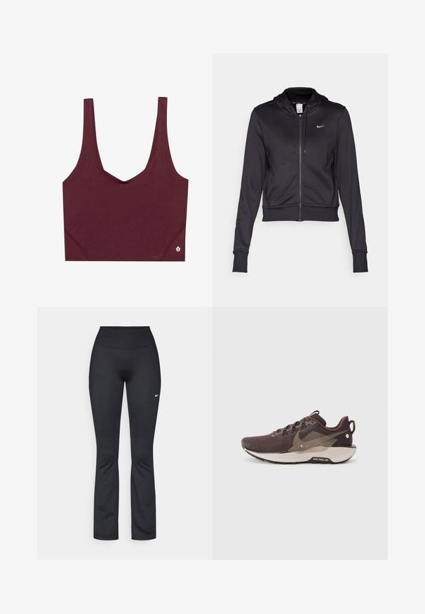 Schwarze Zip-Hoodie aus glattem Stoff, mit Kordelzugkapuze und kleinem blauen Nike-Logo auf der Brust. Kurz geschnittenes Design mit gerippten Bündchen.; Burgunderfarbener Sport-BH mit V-Ausschnitt, aus glattem Stoff gefertigt. Verfügt über breite Träger und ein kleines Logo-Detail unten rechts.; Schwarze Sportleggings mit hohem Bund, gefertigt aus glattem, elastischem Stoff. Mit einem kleinen weißen Nike-Logo am linken Oberschenkel.; Dunkelbrauner Laufschuh mit einem strukturierten Mesh-Obermaterial, kontrastierenden hellbraunen Akzenten, segmentierter Sohle und reflektierenden Details.