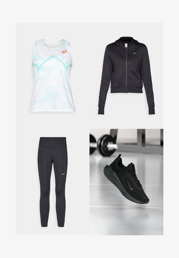 Black zip-up hoodie made of smooth fabric, featuring a drawstring hood and a small blue Nike logo on the chest. Cropped design with ribbed cuffs.; White tank top with light blue abstract pattern, featuring a crew neck and sleeveless design. Orange logo on the upper left side.; Black leggings made of stretchy fabric, featuring a high waistband and a white Nike logo on the left thigh. Smooth texture, form-fitting design.; Black sports sneaker with Nike logo, shown mid-air on gym floor, with blurred dumbbell rack in background.