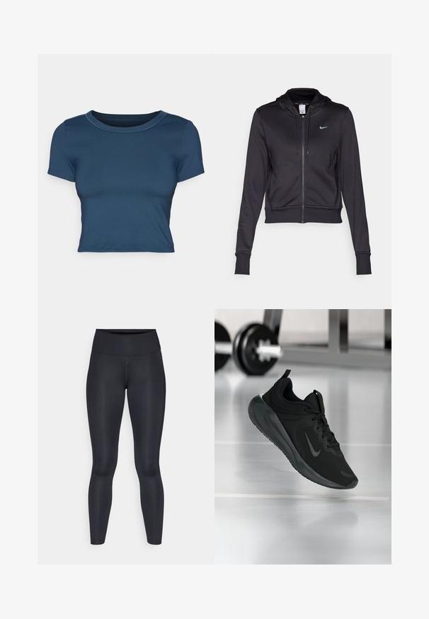 Sweatshirt preto com fecho éclair feito de um tecido suave, apresentando um capuz com cordão e um pequeno logótipo azul da Nike no peito. Design cropped com punhos canelados.; T-shirt cropped azul marinho feito de um tecido liso e elástico. Apresenta um decote redondo e mangas curtas com detalhes de costura simples.; Leggings pretas feitos de um tecido liso e elástico. Cintura alta sem padrões ou detalhes visíveis. Ajustam-se de forma justa da cintura até os tornozelos.; Sapatilha desportiva preta com o logotipo da Nike, mostrada em pleno ar sobre o chão do ginásio, com um suporte de halteres desfocado ao fundo.