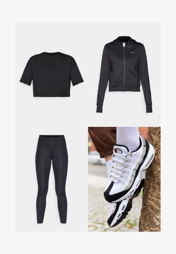Črna zip-up kapuca iz gladkega materiala, z vrvico na kapuci in majhnim modrim logotipom Nike na prsih. Skrajšana zasnova z rebrastimi manšetami.; Črna skrajšana majica z mehkega blaga, s krožnim izrezom in kratkimi, širokimi rokavi, preproste, brezšivne zasnove.; Črne legice narejene iz gladkega, elastičnega materiala. Visok pas brez vidnih vzorcev ali dodatkov. Tesno se prilegajo od pasu do gležnjev.; Bele in črni mrežasti tekači z gladkim srebrnim poudarjanjem, ki imajo zaobljeno konico, vezalni sistem in oblazinjen podplat.