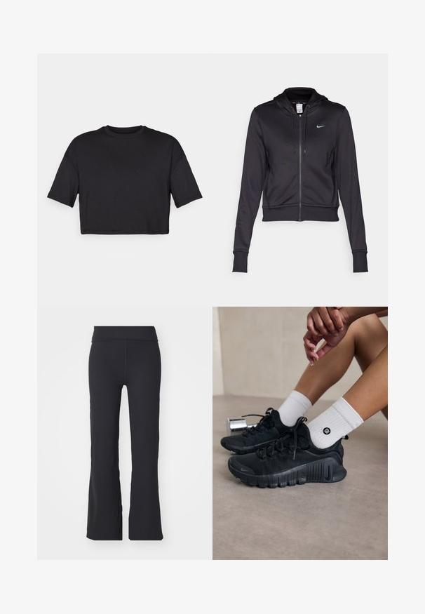 Hanorac negru cu fermoar, fabricat dintr-un material neted, având un glugă cu șnur și un mic logo al Nike de culoare albastră pe piept. Design scurt cu mansete ribbate.; Tricou scurt negru, confecționat dintr-un material moale, cu decolteu rotund și mâneci scurte și largi, având un design simplu, fără cusături.; Pantaloni negri evazați din țesătură elastică, cu un talie înaltă. Prezintă linii curate și o textură netedă, fiind potriviți pentru îmbrăcăminte casual.; Pantofi sport negri din material texturat, cu un design cu sireturi și o talpă proeminentă, asortați cu șosete albe cu model cu nervuri, având un mic logo.