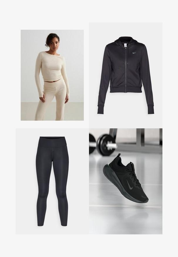 Zwarte zip-up hoodie van gladde stof, met een capuchon met trekkoord en een klein blauw Nike-logo op de borst. Korte ontwerp met rib gebreide mouwen.; Beige geribbelde langearmige top en bijpassende hoge taillebroek, zachte textuur, strakke pasvorm, minimalistische stijl, met subtiele stikseldetails.; Zwarte leggings van glad, rekbaar stof. Hoge taille zonder zichtbare patronen of accenten. Sluiten nauw aan van taille tot enkels.; Zwarte sportsneaker met Nike-logo, weergegeven in de lucht boven de gymvloer, met een vervaagde halterrek op de achtergrond.