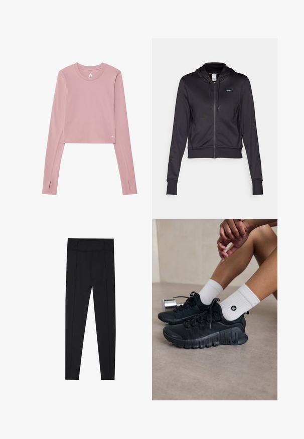 Black zip-up hoodie made of smooth fabric, featuring a drawstring hood and a small blue Nike logo on the chest. Cropped design with ribbed cuffs.; Long-sleeve cropped top in soft pink fabric; features a round neck, thumbholes in the cuffs, and a small logo on the hem.; Black leggings featuring a smooth texture, high waistband, and stitching details along the sides. Slim-fit design, suitable for various activities.; Black athletic shoes with textured fabric, laced design, and a prominent sole, paired with white ribbed socks featuring a small logo.