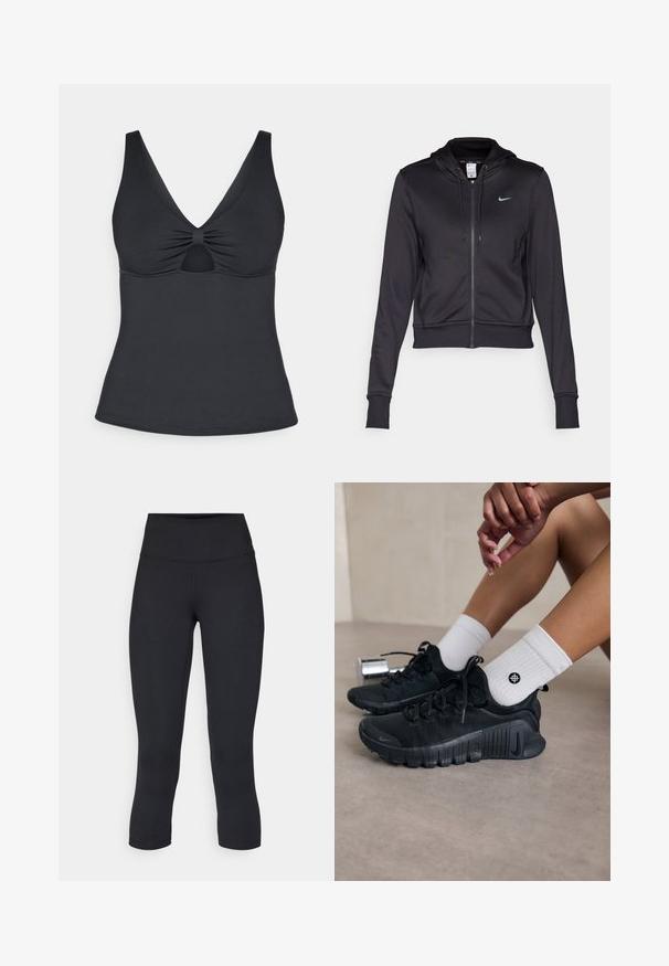 Must musta kapuutsiga must zipp-up jaki, mis on valmistatud siledast kangast, millel on nööriga kapuuts ja väike sinine Nike logo rinnal. Lühendatud disain ribikantide jaotustega.; Mustan värvi tanki, millel on sügav V-kaelus, kogutud detail keskel ja võtmeaugu lõige all. Sujuv tekstuur ja lähedane disain.; Mustad mustad õhukesed leggingud, mis on valmistatud venivast kangast, kõrge vöökoha ja siledaga, ilma nähtavate mustrite või metalldetailideta.; Mustad must спортjalatsid tekstuurse kangaga, nöörimise disainiga ja silmapaistva tallaga, koos valgete ribafreeside sokkidega, millel on väike logo.