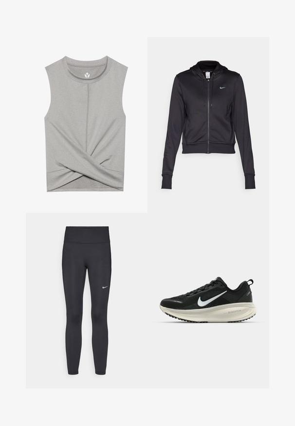 Schwarze Zip-Hoodie aus glattem Stoff, mit Kordelzugkapuze und kleinem blauen Nike-Logo auf der Brust. Kurz geschnittenes Design mit gerippten Bündchen.; Graues ärmelloses Oberteil mit Rundhalsausschnitt, das an der Vorderseite ein Twist-Design aufweist und flache Nähte für zusätzlichen Komfort hat. Aus weichem, dehnbarem Stoff.; Schwarze Leggings aus elastischem Stoff, mit einem hohen Bund und einem weißen Nike-Logo auf dem linken Oberschenkel. Glatte Textur, figurbetontes Design.; Schwarzer Nike-Laufschuh mit atmungsaktivem Mesh-Obermaterial, weißem Swoosh-Logo, strukturierten Details und einer cremefarbenen ZoomX-Zwischensohle.
