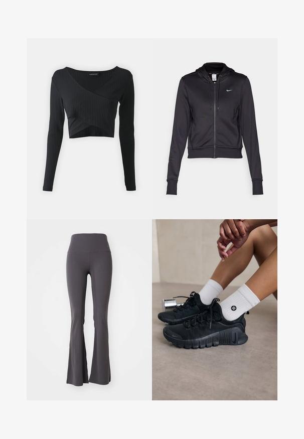 Sort zip-op hoodie lavet af glat stof, med en hætte med snoretræk og et lille blåt Nike-logo på brystet. Croppet design med ribbede manchetter.; Even&Odd Langærmet T-shirt - black; Grå bredde yoga bukser lavet af strækbart stof. Høj talje og glat tekstur, med en tætsiddende pasform ned til bunden.; Sorte træningssko med struktureret stof, snørebåndsdesign og en markant sål, parret med hvide ribbede sokker med et lille logo.