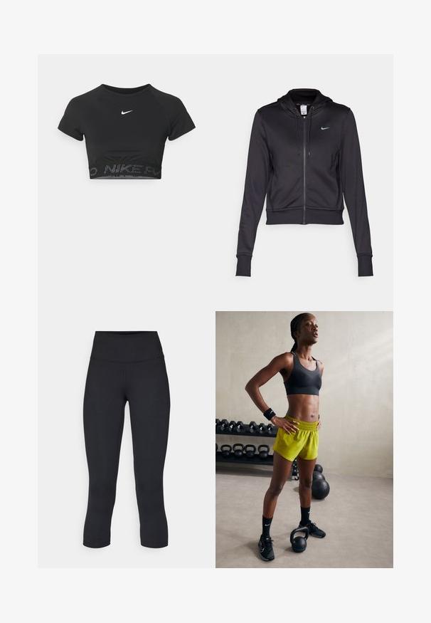 Sort zip-op hoodie lavet af glat stof, med en hætte med snoretræk og et lille blåt Nike-logo på brystet. Croppet design med ribbede manchetter.; Sort cropped sportstop med korte ærmer, prydet med et hvidt Nike-logo og et struktureret bånd med "NIKE" i et mønster ved kanten.; Sorte cropped leggings lavet af stretchy materiale, med en høj talje og blød tekstur, uden synlige mønstre eller hardware.; Sort sportsbh, lys gule shorts med elastisk talje, sorte atletiske sko og håndledsbånd, stående ved siden af kettlebells.