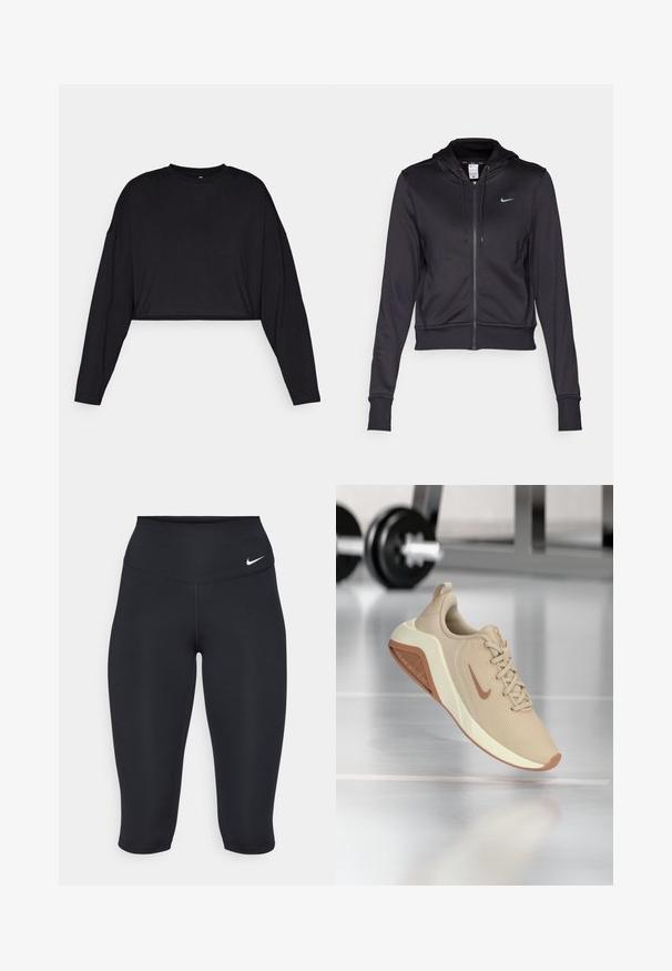 Svart zip-hoodie laget av glatt stoff, med en snorhette og en liten blå Nike-logo på brystet. Kuttet design med ribbestrikkede mansjetter.; Svart bomullstopp med lange ermer, rund hals og myk tekstur. Har et minimalistisk design uten synlige mønstre eller accenter.; Nike svarte capri leggings har høy livlinje, glatt stretchstoff og en subtil logo detalj på fronten.; Beige idrettssko med en teksturert mesh-overdel, lys farge på sålen og kontrasterende brun yttersåle, med en subtil logo på siden.