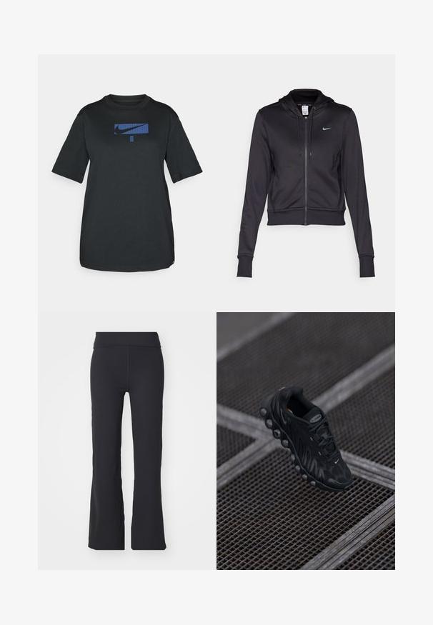Must musta kapuutsiga must zipp-up jaki, mis on valmistatud siledast kangast, millel on nööriga kapuuts ja väike sinine Nike logo rinnal. Lühendatud disain ribikantide jaotustega.; Must päevitav must puuvillane T-särk lühikeste varrukatega ja ümmarguse kaelusega. Esiküljel on sinine Nike logo, mis asub ristkülikukujulises graafikas.; Mustad laia säärega mustad püksid, mis on valmistatud venivast kangast ja neil on kõrge vöökoht. Omavad puhtaid jooni ja siledat tekstuuri, sobivad igapäevaseks kandmiseks.; Must mustusjalats, millel on tekstureeritud ülemine osa, ümar tald ja nähtav õhukaitse. Omab paelaga kinnitust ja brändi logo aksenti.
