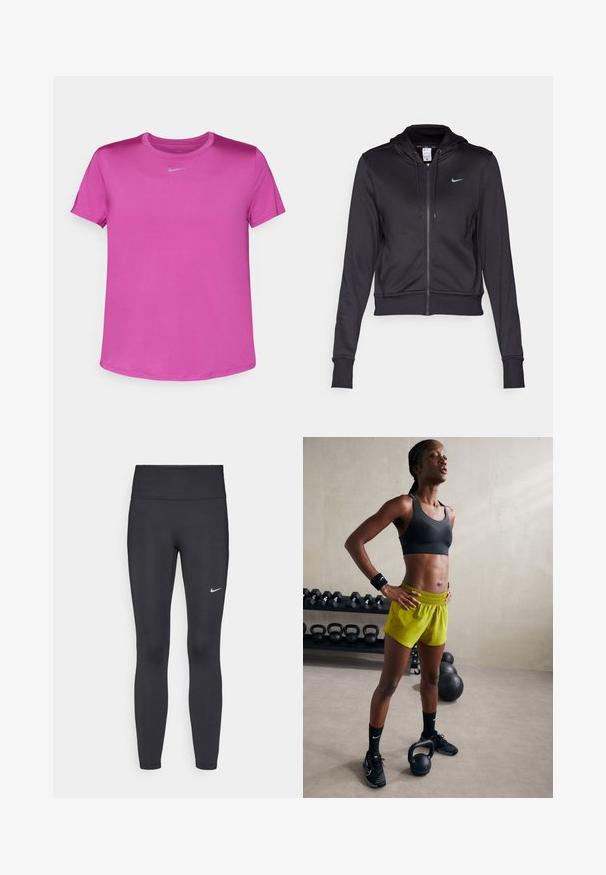 Sudadera negra con cremallera hecha de tejido suave, con capucha ajustable y un pequeño logo de Nike en azul en el pecho. Diseño cropped con puños acanalados.; Nike Performance ONE CLASSIC TOP - Camiseta deportiva - hot fuchsia/black; Leggings negras de tela elástica, con una cintura alta y un logo blanco de Nike en el muslo izquierdo. Textura suave, diseño ajustado.; Sujetador deportivo negro, pantalones cortos amarillos brillantes con cinturilla elástica, zapatillas de deporte negras y muñequeras, de pie junto a kettlebells.