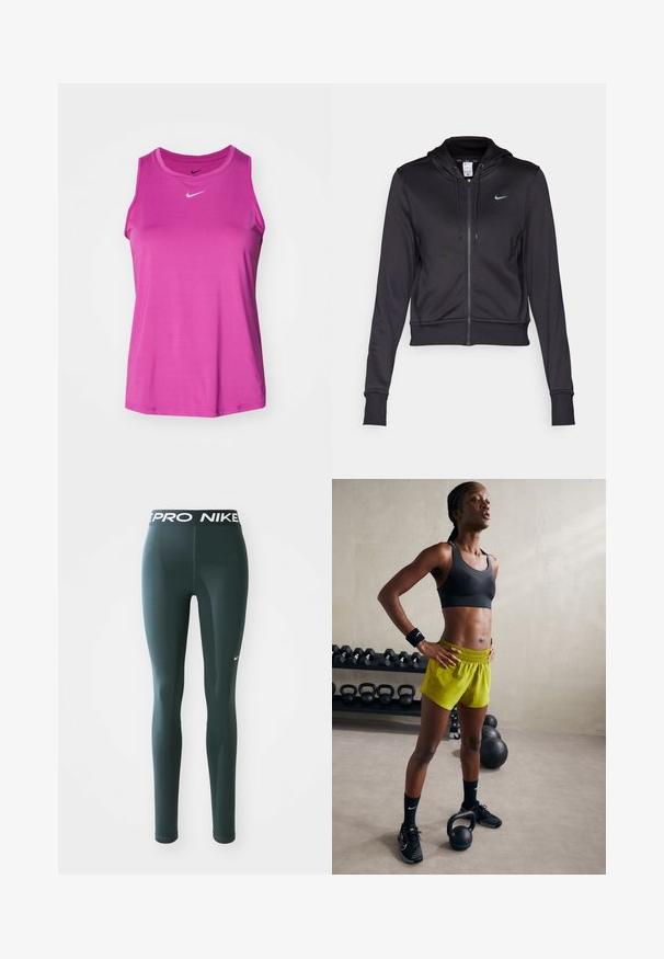 Sudadera negra con cremallera hecha de tejido suave, con capucha ajustable y un pequeño logo de Nike en azul en el pecho. Diseño cropped con puños acanalados.; Nike Performance ONE CLASSIC TANK - Top - hot fuchsia/(black); Leggings verdes oscuros hechos de material elástico, con una cinturilla ancha que lleva el logo "PRO NIKE" y un pequeño swoosh blanco de Nike en el lateral.; Sujetador deportivo negro, pantalones cortos amarillos brillantes con cinturilla elástica, zapatillas de deporte negras y muñequeras, de pie junto a kettlebells.