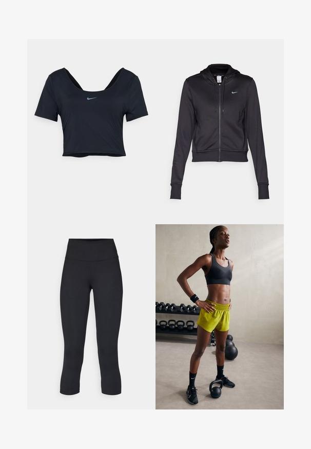 Sweatshirt preto com fecho éclair feito de um tecido suave, apresentando um capuz com cordão e um pequeno logótipo azul da Nike no peito. Design cropped com punhos canelados.; T-shirt cropped preta feita de tecido suave, com mangas curtas e decote largo. Logótipo da Nike em azul centrado no peito.; Leggings pretos cropped feitos de tecido elástico, apresentando uma cintura alta e uma textura suave, sem padrões ou acessórios visíveis.; Sutiã desportivo preto, calções amarelos brilhantes com cintura elástica, sapatos de atletismo pretos e pulseiras, de pé ao lado de kettlebells.