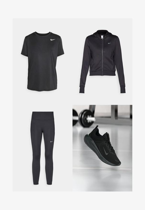 Juodas zip-up džemperis, pagamintas iš lygaus audinio, su reguliuojama gobtuvu ir mažuoju mėlynu Nike logotipu krūtinėje. Trumpas modelis su įsiūtomis rankovėmis.; Juoda trumpa rankovėse sportinė marškinėliai, pagaminti iš sklandaus, lengvo audinio, su mažu baltu "Nike" logotipu viršutinėje kairėje pusėje.; Juodi leggingai iš elastingos medžiagos, turintys aukštą juosmenį ir baltą Nike logotipą kairėje šlaunyje. Lygus paviršius, prigludusi dizainas.; Juodas sportinis sportbačiai su Nike logotipu, pavaizduoti ore virš sporto salės grindų, fone išblurinta hantelių laikiklis.