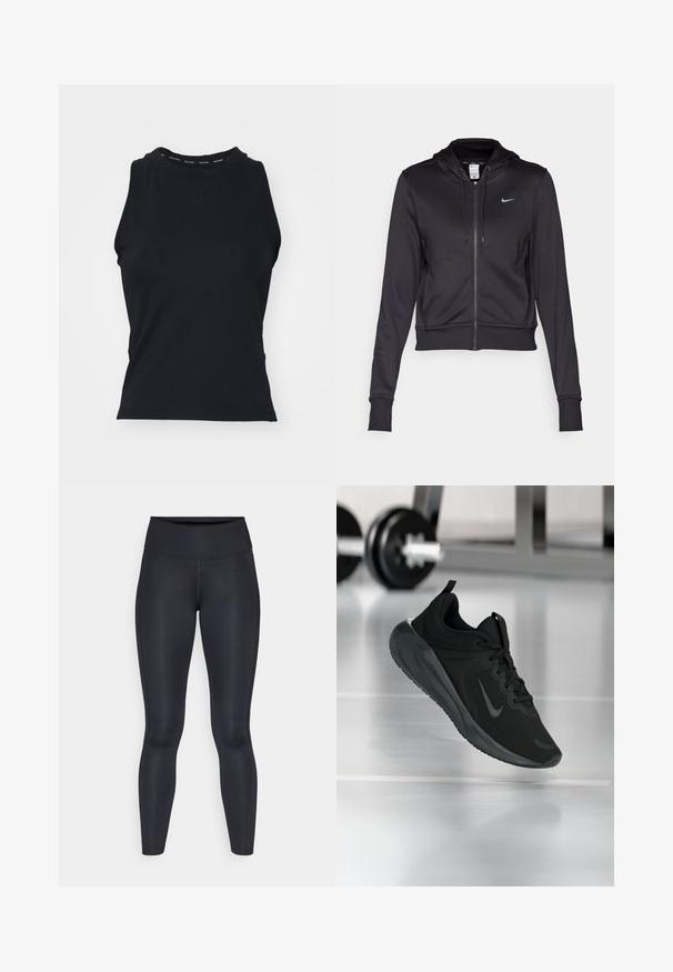 Black zip-up hoodie made of smooth fabric, featuring a drawstring hood and a small blue Nike logo on the chest. Cropped design with ribbed cuffs.; Black sleeveless top with a high neckline. Made from a smooth, stretchy fabric featuring a logo printed on the collar. Minimalist design.; Black leggings made of smooth, stretchy fabric. High waist with no visible patterns or accents. Fit closely from waist to ankles.; Black sports sneaker with Nike logo, shown mid-air on gym floor, with blurred dumbbell rack in background.