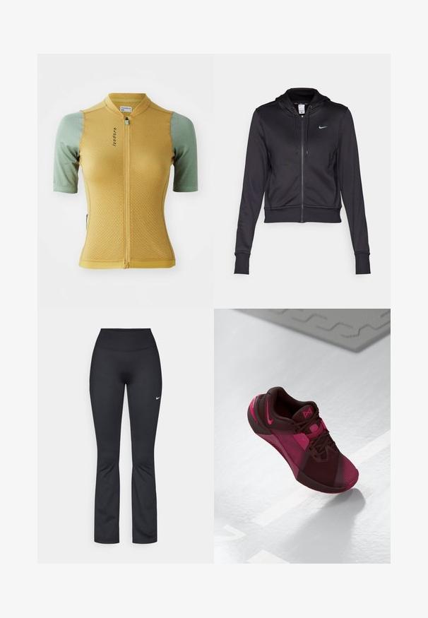 Haut à fermeture éclair noir en tissu lisse, doté d'une capuche à cordon et d'un petit logo Nike bleu sur la poitrine. Design court avec des poignets côtelés.; Maillot de cyclisme jaune et vert à manches courtes, en tissu texturé, avec fermeture éclair sur le devant et un logo sur la poitrine. Présente une coupe ajustée.; Leggings de sport noirs avec une taille haute, fabriqués en tissu lisse et extensible. Présentent un petit logo Nike blanc sur la cuisse gauche.; Chaussure de sport bordeaux foncé avec des accents roses. Dotée d'un dessus en maille, d'un bout arrondi et d'une semelle texturée. Lacets et logo bien en évidence.