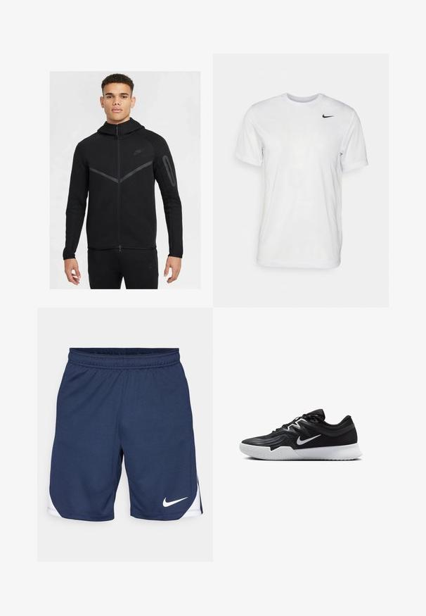 Crna Nike zip-up dukserica s visokim ovratnikom, dugim rukavima, uskim fitom, kontrastnim teksturiranim panelima i zip džepom na rukavu.; Bijela kratkotrajna majica s kratkim rukavima izrađena od glatkog materijala. Ima okrugli izrez i mali crni Nike logo na lijevoj strani prsnog koša.; Tamno plave atletske kratke hlače izrađene od teksturiranog materijala, s elastičnom strukom i bijelim Nike logom na rubu.; Crna sportska cipela s teksturiranim gornjim dijelom, bijelim Nike swooshom i bijelim gumennim potplatom. Ima dizajn s vezanjem i dinamičan oblik.