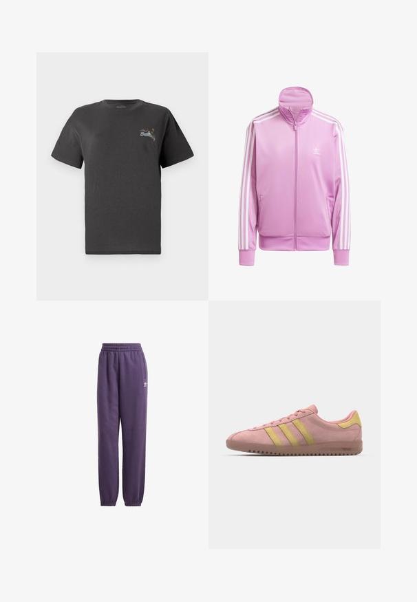 Ružičasta jakna na πλήτσki s visokim ovratnikom, bijele akcentne pruge duž rukava i mali bijeli logo na čelu. Glatka, lagana tkanina.; Siva pamučna majica kratkih rukava. Na prsima ima mali višebojni izvezeni dizajn s natpisom "Billing". Klasičan kroj.; Ljubičaste trenirke s elastičnim pojasom i manžetama, bočnim džepovima i bijelim logotipom. Napravljene od mekanog, udobnog materijala za ugodu.; Roza ante sneaker s tri žute pruge, okrugli nos i teksturirana guma potplat. Nizak profil s jastučićem oko gležnja.